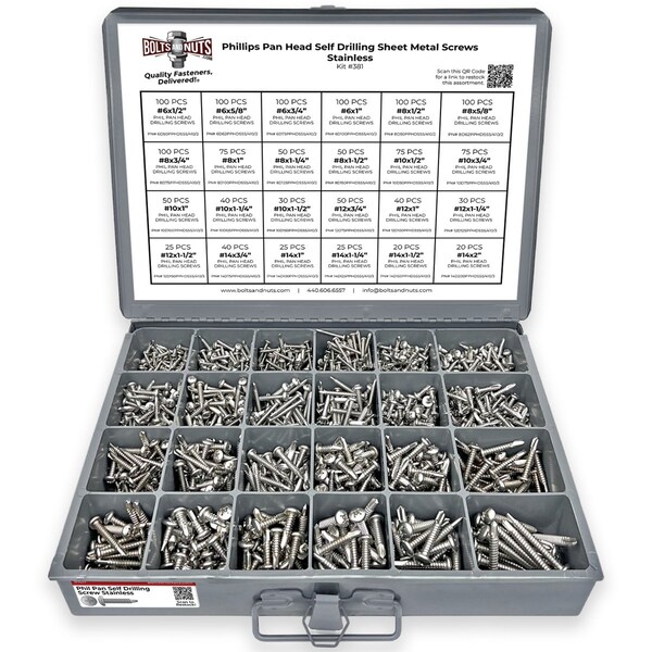Boltsandnuts.Com Phillips Pan Head Self Drilling Sheet Metal Screws Stainless - 1421 PCS Assortment Kit #381 - main